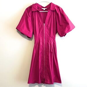 She + Sky Zipper Front Puff Sleeve Poplin Fit & Flare Dress